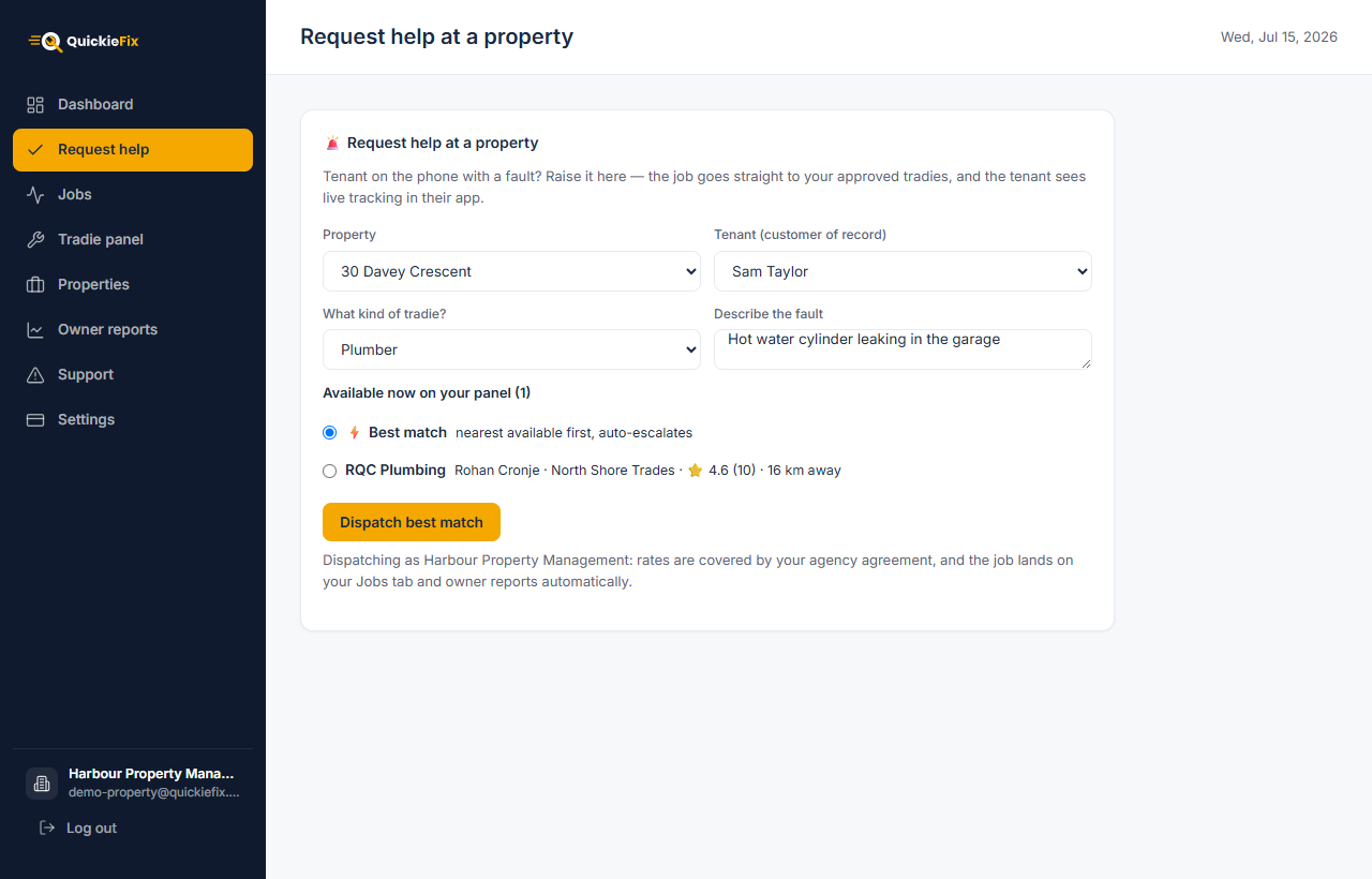 The QuickieFix agency console: tenant on the phone, approved tradies available now, one-click dispatch