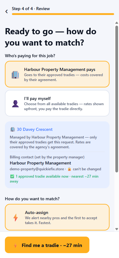 A tenant raising a fault at their managed property — dispatched only to the agency's approved tradies, billed to the agency